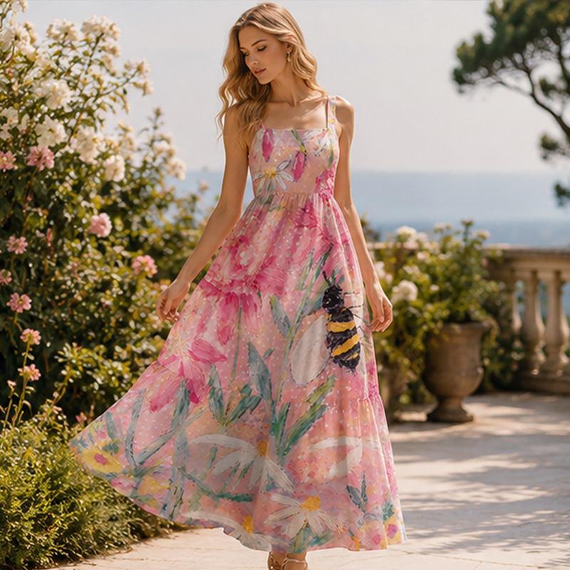 Oil Painting Pink Garden Bee Hand‑Painted Maxi Dress