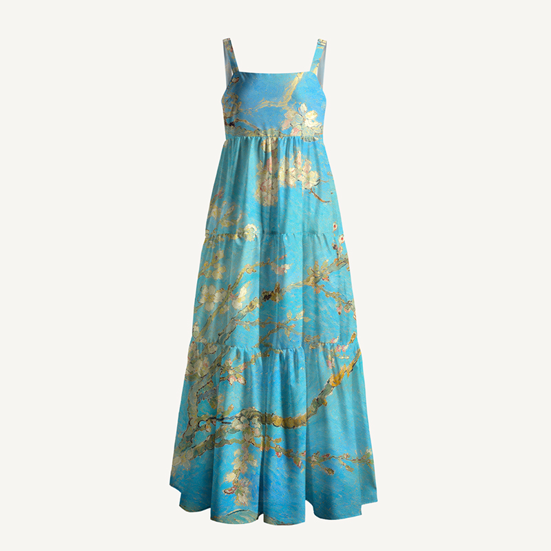 Oil Painting Almond Blossom Sky Blue Art Maxi Dress