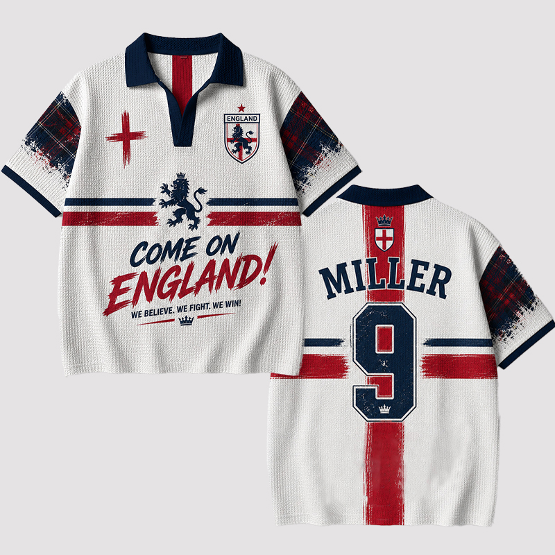 Personalized Football Crochet Polo Shirt Come On England Custom Name and Number Gift for England Football Fans