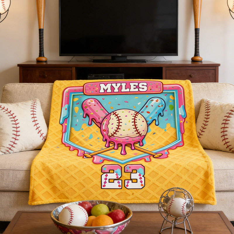 Personalized Baseball Blanket with Melting Ice Cream Baseball Custom Name and Number Baseball Lovers