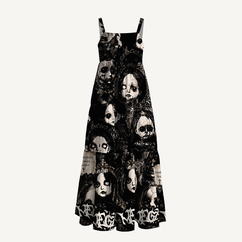 Personalized Gothic Maxi Dress Cracked Horror Doll Print with Custom Name for Her