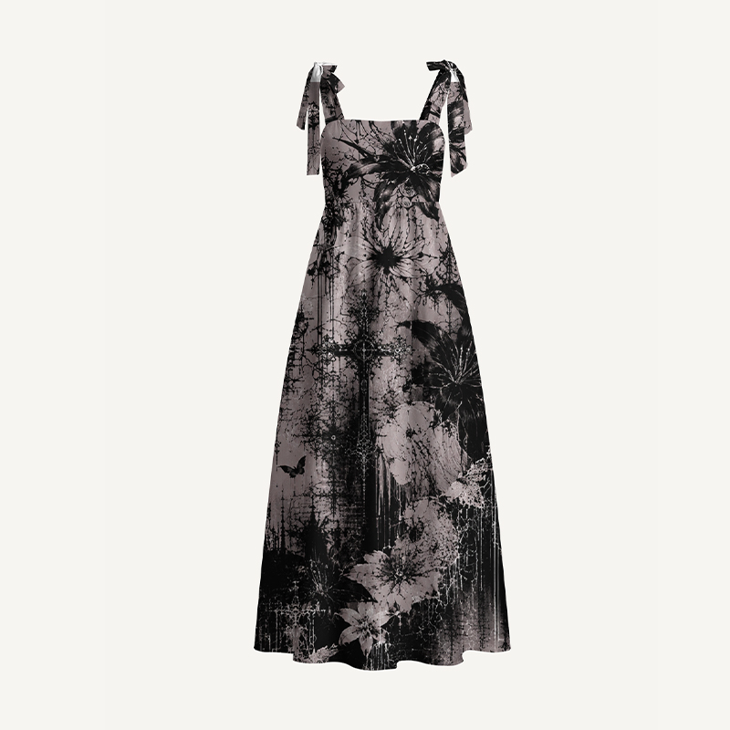 Gothic Maxi Dress Grunge Cross Floral Butterfly Print Tie Strap Tiered Maxi Dress
