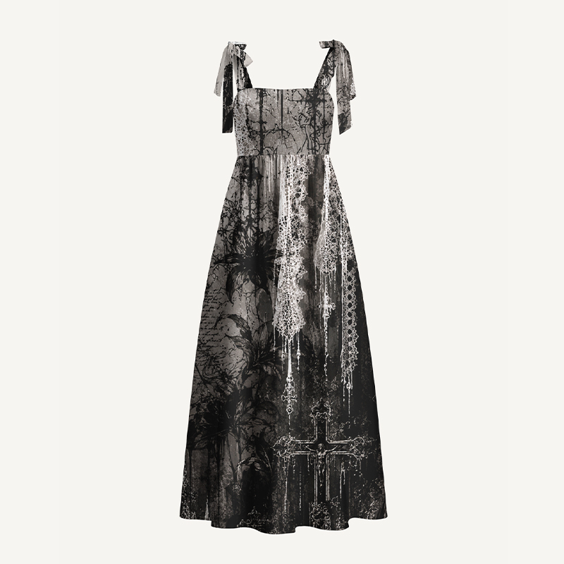 Gothic Maxi Dress Gothic Lace Cross Floral Print Tie Shoulder Strap Flowy Maxi Dress