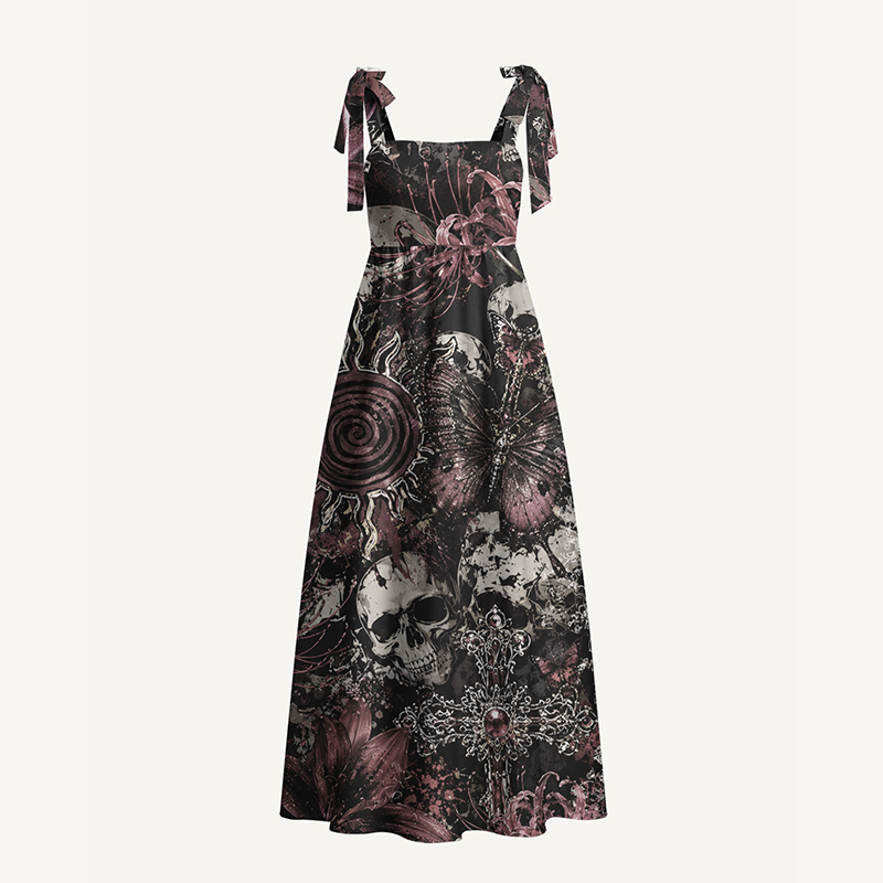 Gothic Maxi Dress Gothic Skull Red Spider Lily Butterfly Cross Print Tie Strap Maxi Dress