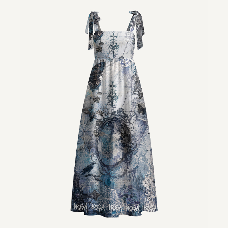 Personalized Gothic Maxi Dress Vintage Gothic Raven Ornate Frame Lace Print Tie Strap Flowy Maxi Dress