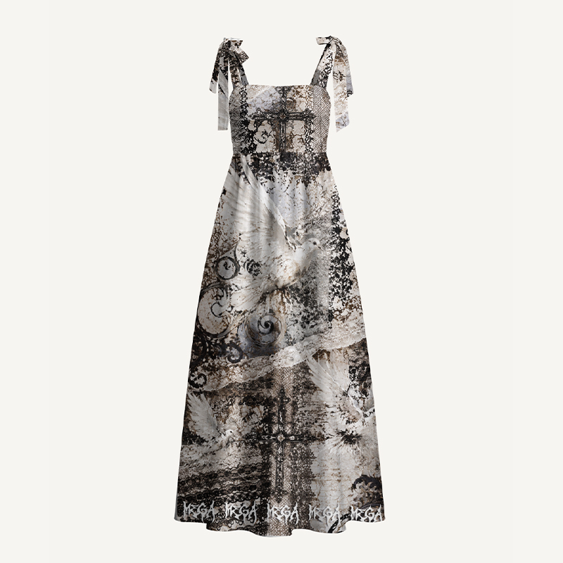 Personalized Gothic Maxi Dress Vintage Gothic Dove Cross Distressed Lace Print Tie Strap for Her