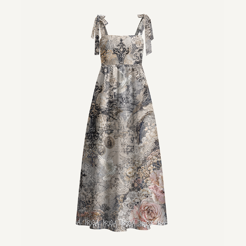 Personalized Gothic Maxi Dress Vintage Gothic Rose Dove Lace Distressed Print Tie Strap Flowy Dress