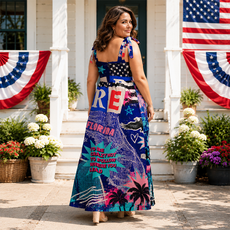 Personalized Pop Art Independence Day Maxi Dress Tie-Shoulder Custom Name Photo and State with Statue of Liberty Print for Patriotic