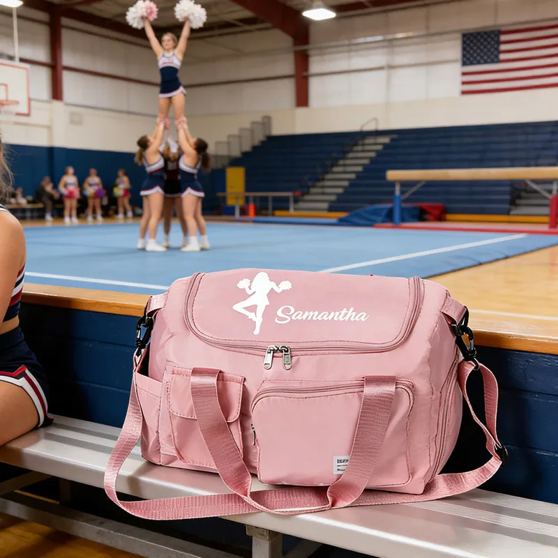 Personalized Cheerleader Silhouette Multi-Compartment Large Travel Bag with Name and Shoulder Strap Cheerleading Gift for Women Girls