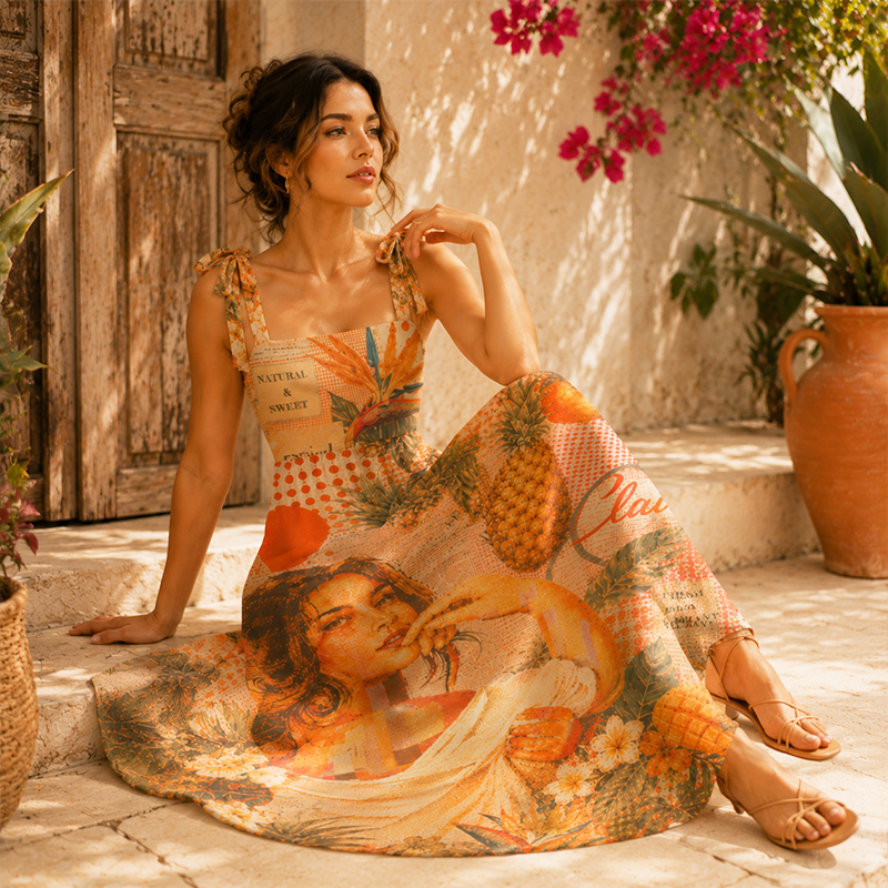 Personalized Vintage Tropical Collage Print Maxi Dress Tie-Shoulder Custom Name and Photo Summer Vacation Dress