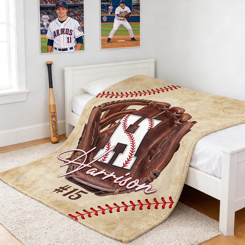 Personalized Baseball Lover’s Throw Blanket with Baseball Glove Design with Initials Name and Number Gift for Baseball Enthusiasts