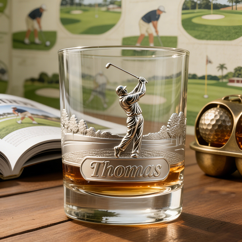 Personalized Golf Whiskey Glass 2D Metallic Style Print with Custom Name for Golf Lovers