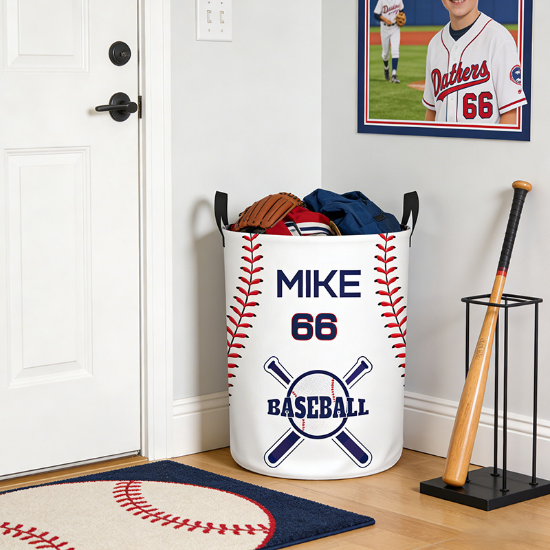 Personalized Baseball Laundry Basket Baseball Pattern Printed with Custom Name and Number