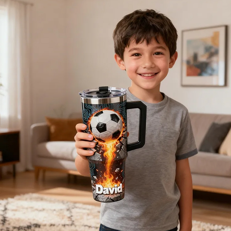 Personalized Soccer Tumbler with Custom Name and Flaming Ball Design for Fans and Athletes