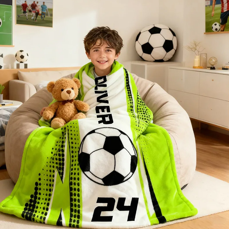Personalized Soccer Blanket with Custom Name and Jersey Number for Soccer Fans. 