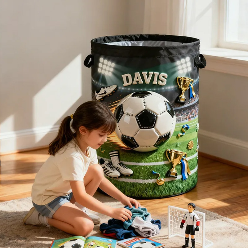 Personalized Soccer Storage Basket with Custom Name and Trophy Design for Kids and Soccer Fans