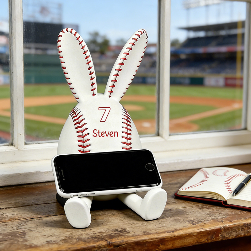 Personalized Baseball Bunny Phone Stand 3D Printed Easter Bunny Gift for Baseball Lovers