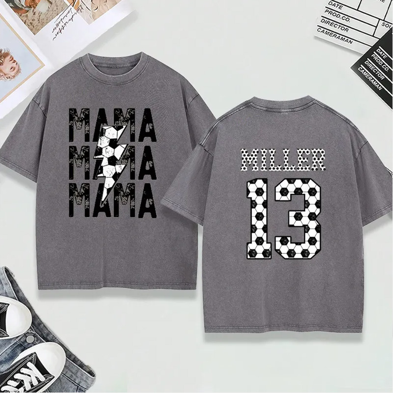Personalized Washed T-Shirt "Mama" Soccer with Custom Name and Number Design