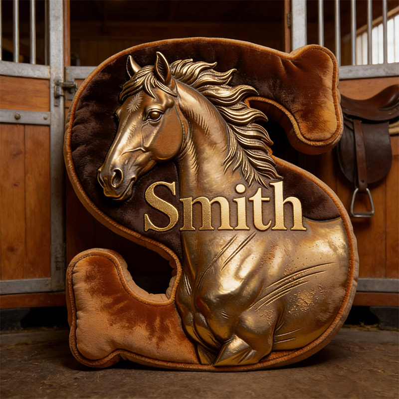 Personalized Horse Letter Pillow Golden Horse Print Custom Name Gift for Equestrian Enthusiasts