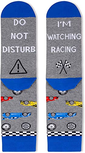 Do Not Disturb I'm Watching Racing Funny Race Car Novelty Crew Socks Checkered Flag Socks Gift For Motorsport Racing Enthusiasts