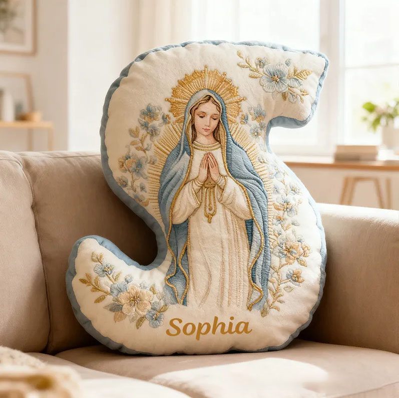 Personalized Virgin Mary Letter Pillow with Custom Name Religious Home Decor Catholic Gift for Her Prayer & Faith Gift Floral Graphic 3D Print Pillow