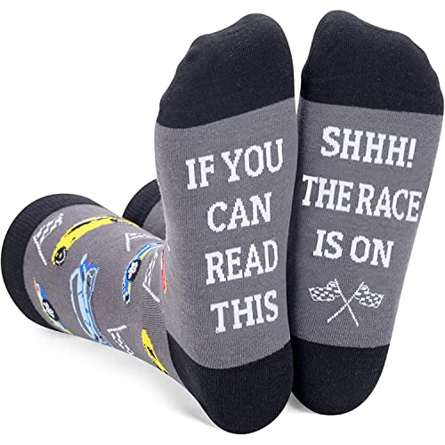 If You Can Read This Shhh The Race Is On Funny Racing Novelty Crew Socks Checkered Flag Race Car Socks Gift For Motorsport Lovers