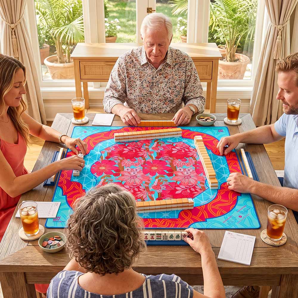 Personalized Mahjong Playing Mat Mahjong Table Mat Florals with Geometric Patterns Mahjong Game Accessory for Game Night