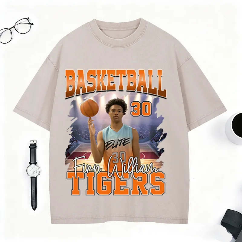 Personalized Basketball Washed T-Shirt Featuring Custom Photo and Team Design
