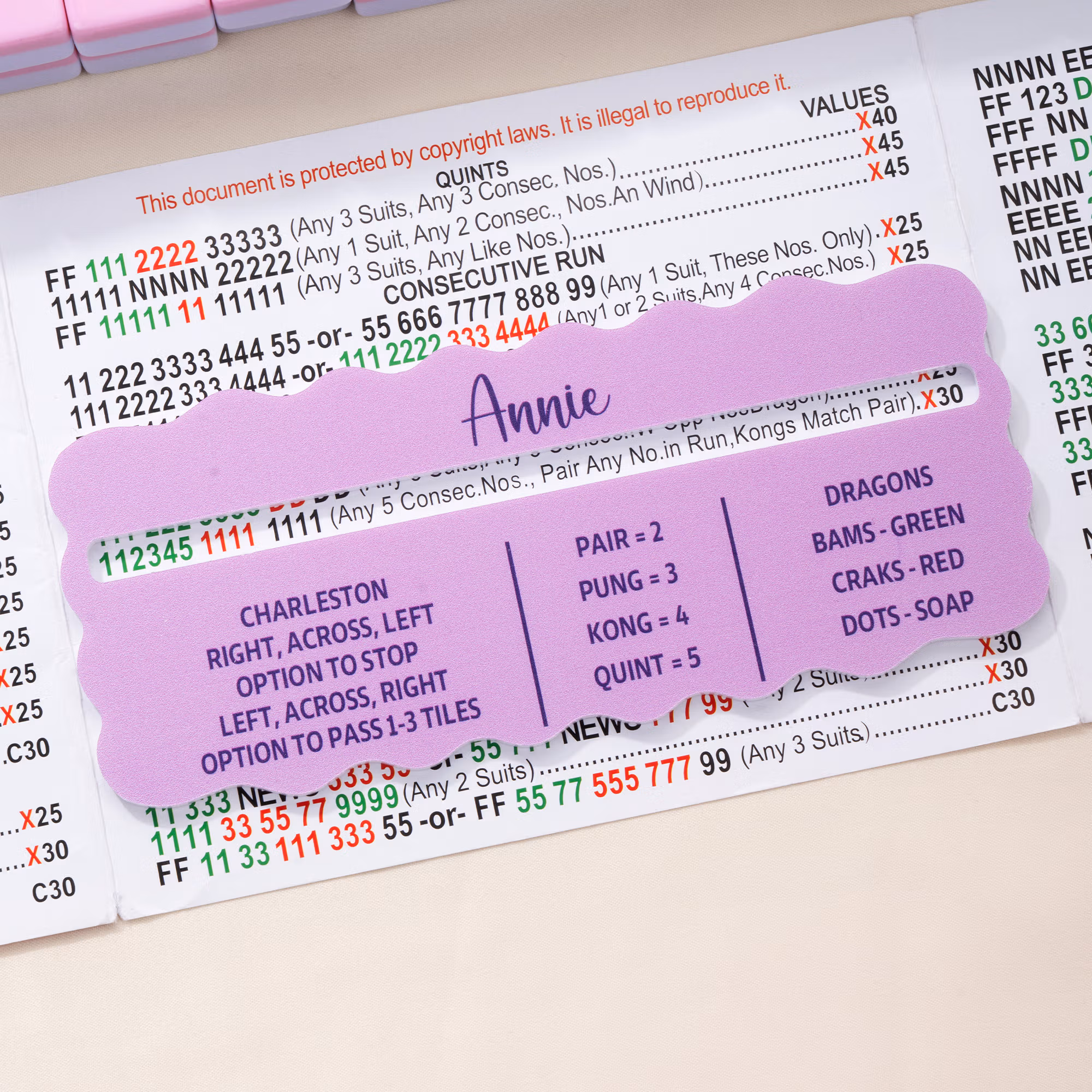 Personalized Multicolor Name Acrylic Mahjong Line Reader with Rules Mahjong Game Night Mahjong Group Birthday Gift for Mahjong Lovers