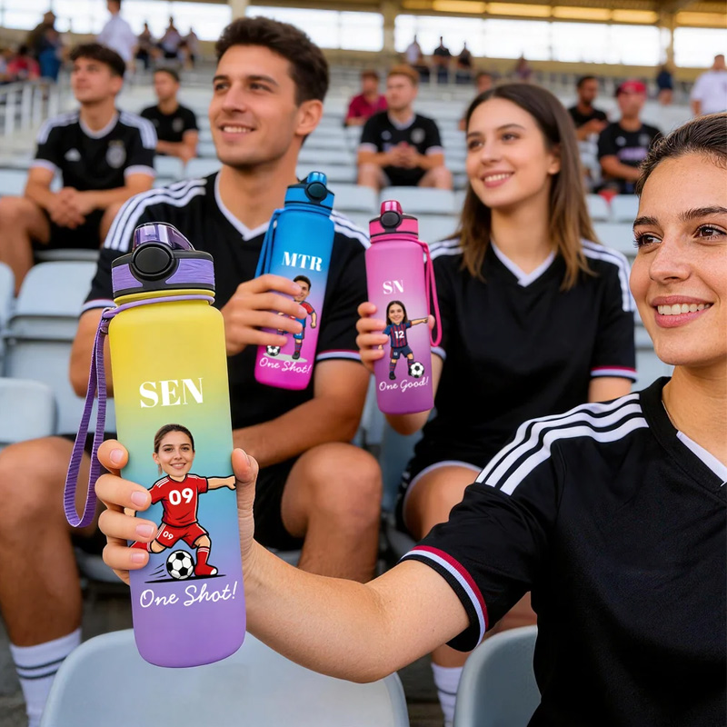 Personalized Cartoon Soccer Character Face Photo 32 oz Water Bottle with Name and Number Birthday Gift for Soccer Fans Lovers