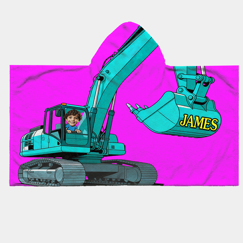Personalized Vibrant Modern Excavator Print Hooded Blanket Custom Name and Photo Practical Fun Gift for Kids Indoor Outdoor