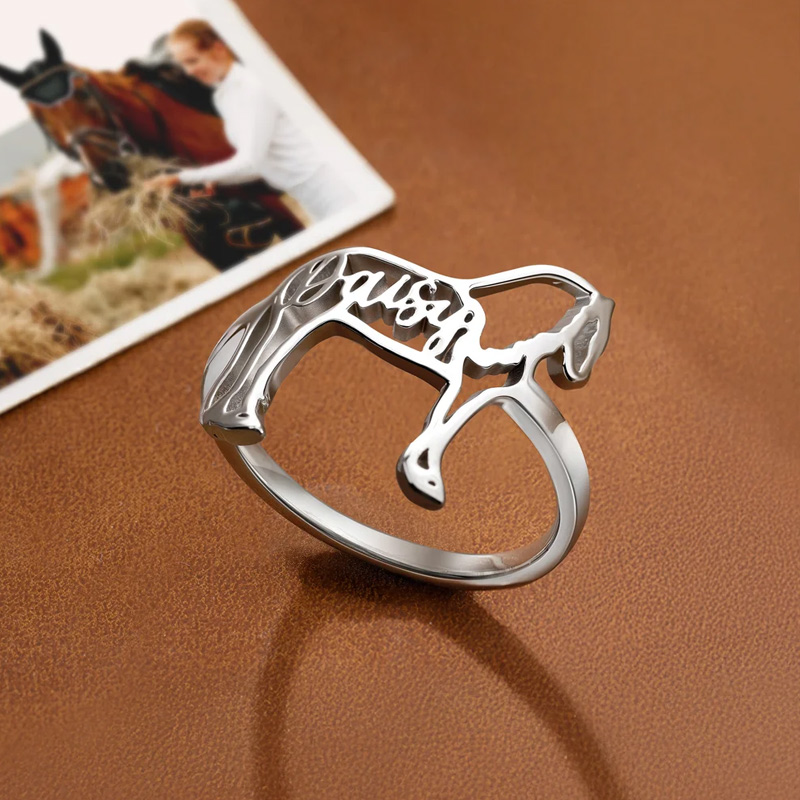 Personalized Horse Silhouette Ring with Name Dainty Jewelry Birthday Anniversary Gift for Horse Lovers Equestrians