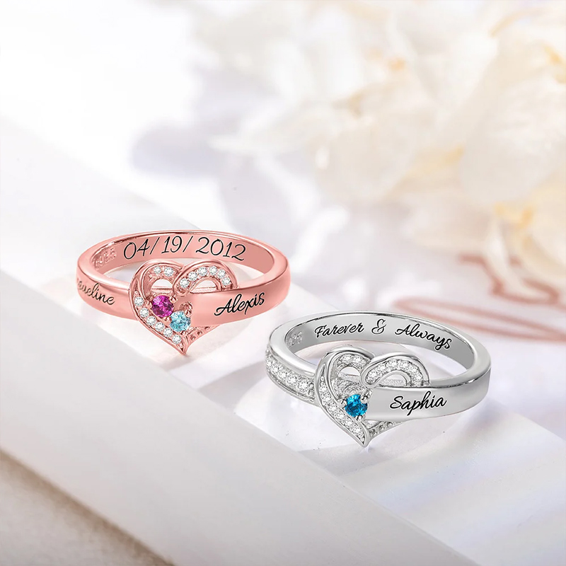 Personalized 1-8 Birthstones Heart Family Ring Where Hearts Meet Love Gleams In Every Stone