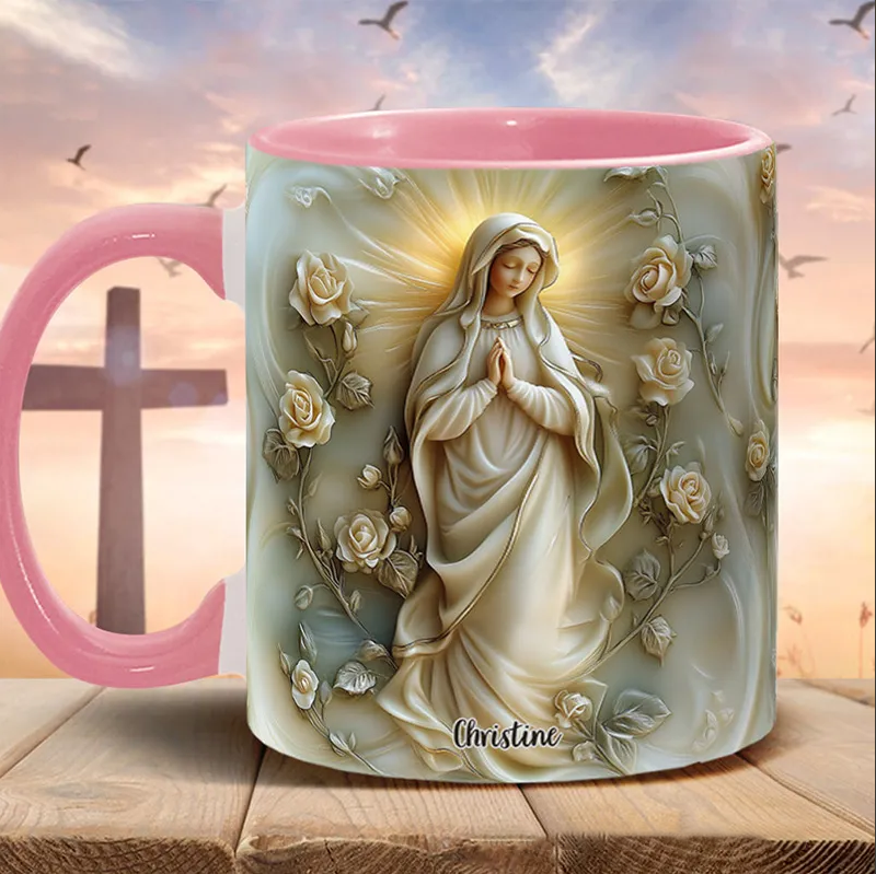 Personalized Virgin Mary Floral Ceramic Mug with Name Religious Inspirational Gift Catholic Gift for Women