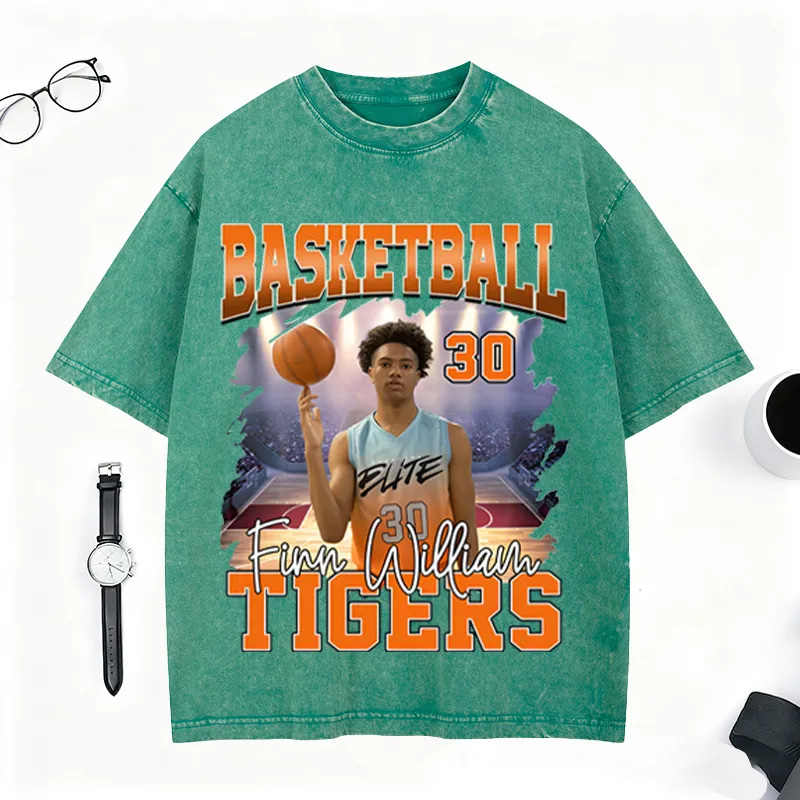 Personalized Basketball Washed T-Shirt Featuring Custom Photo and Team Design