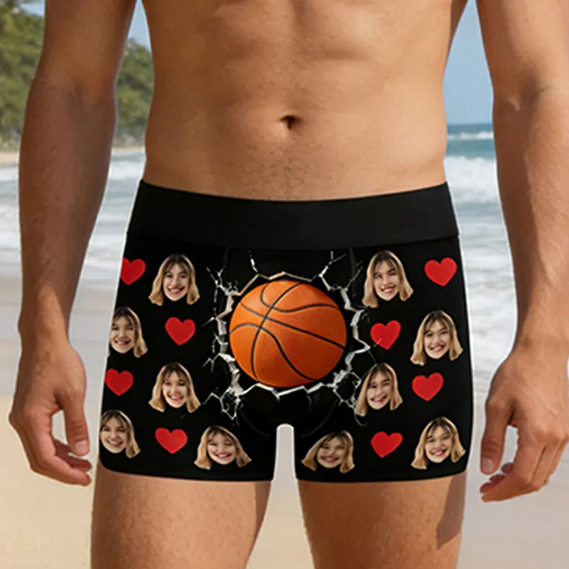 Personalized 3D Funny Basketball Boxer Shorts with Custom Photo andRomantic Heart Graphics Valentine's Day Gift for Men