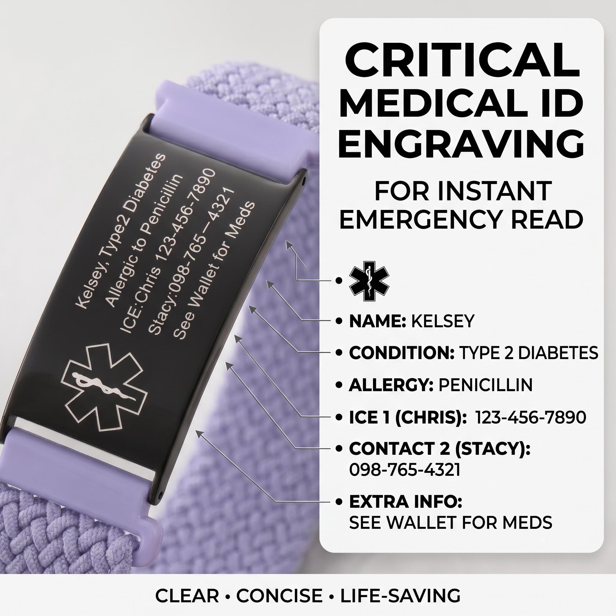 Personalized Medical Alert Bracelet Elastic Nylon Emergency Wristband Engraved Sport Medical Alert ID Adjustable Bracelet Health ID Men Women