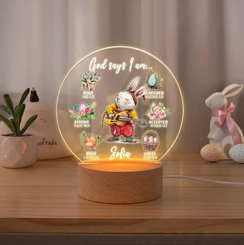 Personalized Bunny Career God Says I Am Name LED Night Light with Wooden Base Nursery Decor Birthday Easter Gift for Christian