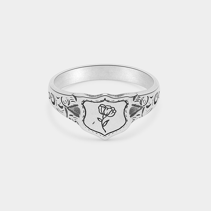 Personalized Sterling Silver Victorian Shield Signet Ring Engravable Birth Flower Unique Sentimental Gift