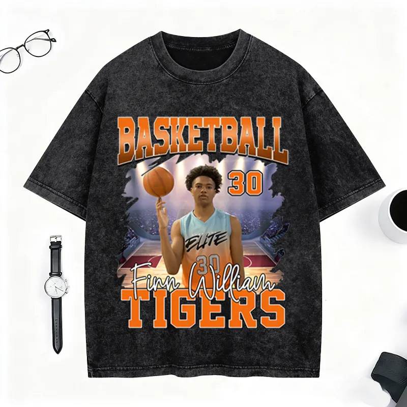 Personalized Basketball Washed T-Shirt Featuring Custom Photo and Team Design