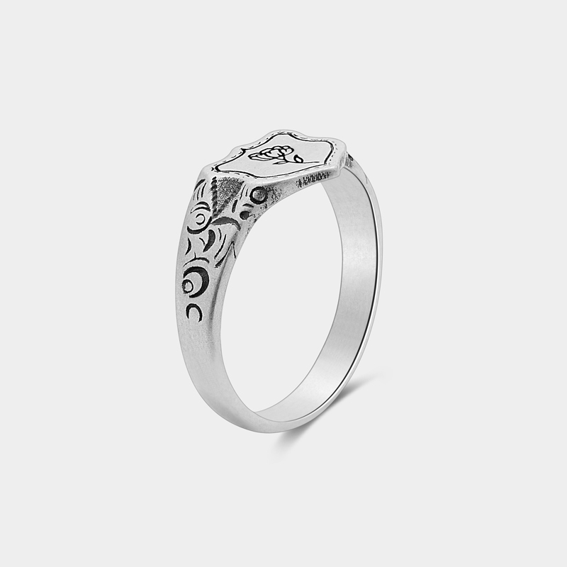 Personalized Sterling Silver Victorian Shield Signet Ring Engravable Birth Flower Unique Sentimental Gift