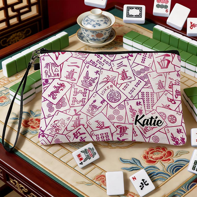 Personalized Multicolor Mahjong Name Linen Handbag with Zipper and Wrist Strap Gift for Mahjong Lovers