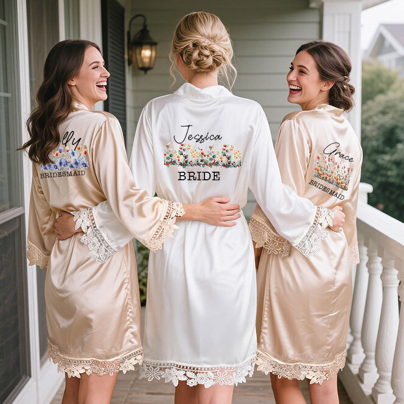 Personalized Birth Flower Satin Lace Trim Robe with Name and Date Bachelorette Party Bridesmaid Wedding Gift for Her
