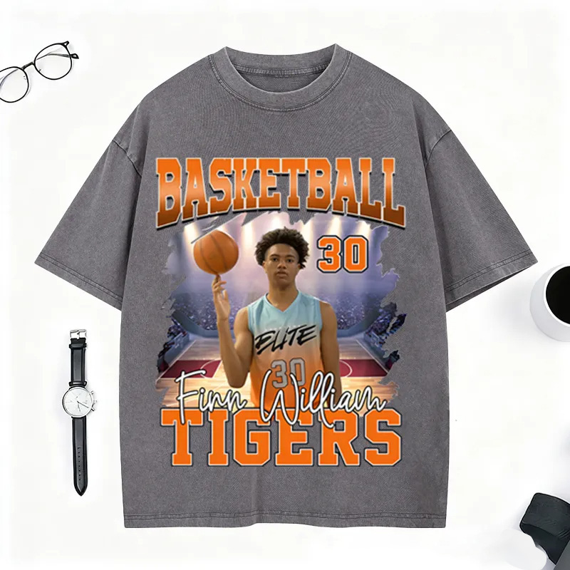 Personalized Basketball Washed T-Shirt Featuring Custom Photo and Team Design