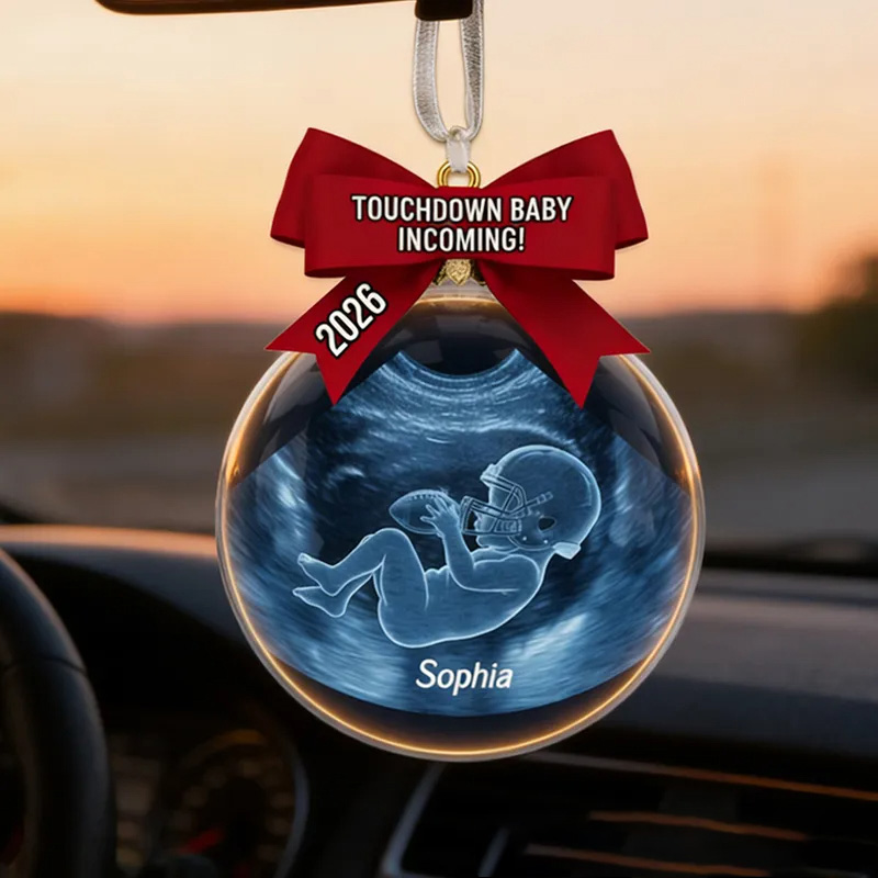 Personalized Baby Football Ultrasound Acrylic Car Ornament with Custom Name and Year for New Parents
