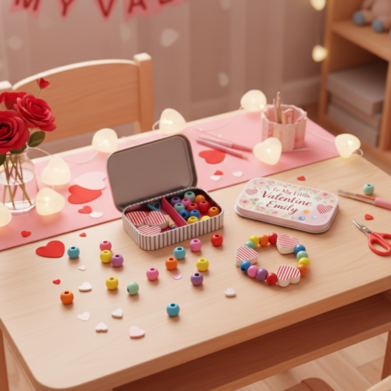 Personalized Valentine's Day Wooden Bead Bracelet Set with Customizable Name Box DIY Handmade Gift For Kids
