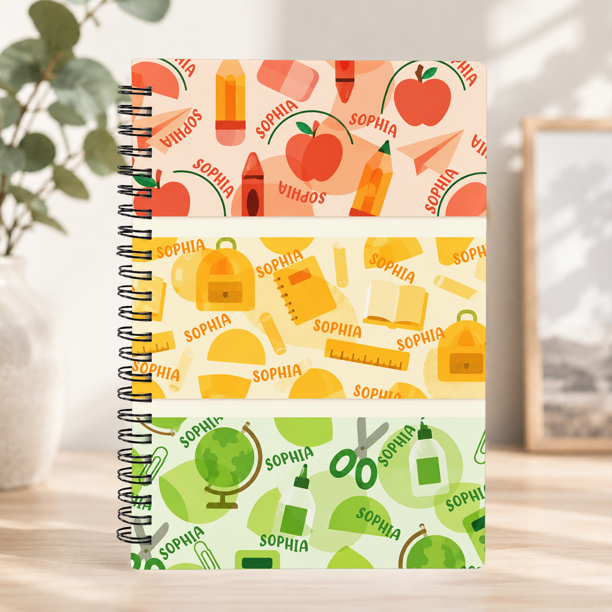 Personalized Rainbow Color Block School Supplies Icons Apples Crayons Scissors Ruler Back To School Spiral Notebook