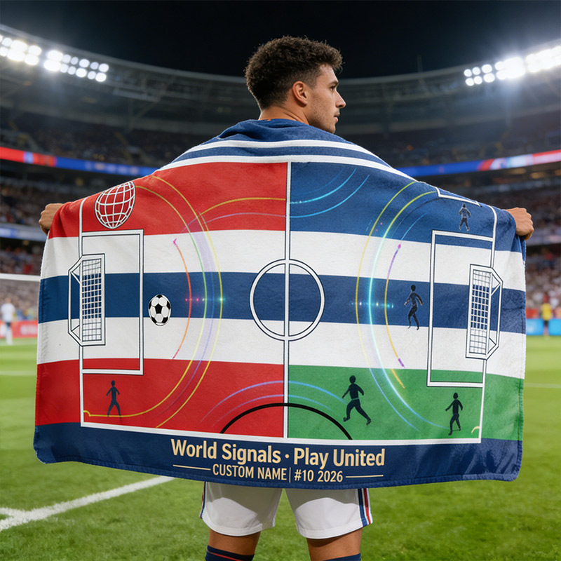 Personalized Soccer Beach Towel Ocean Route Soccer Map Beach TowelWorld Signals Play United Custom Name Number Gift for Soccer Lovers