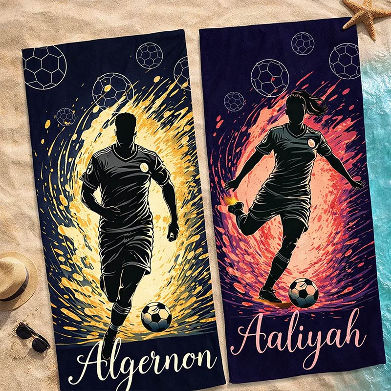 Personalized Soccer Beach Towel Kick of Fire Custom Name Gift for Soccer Lovers