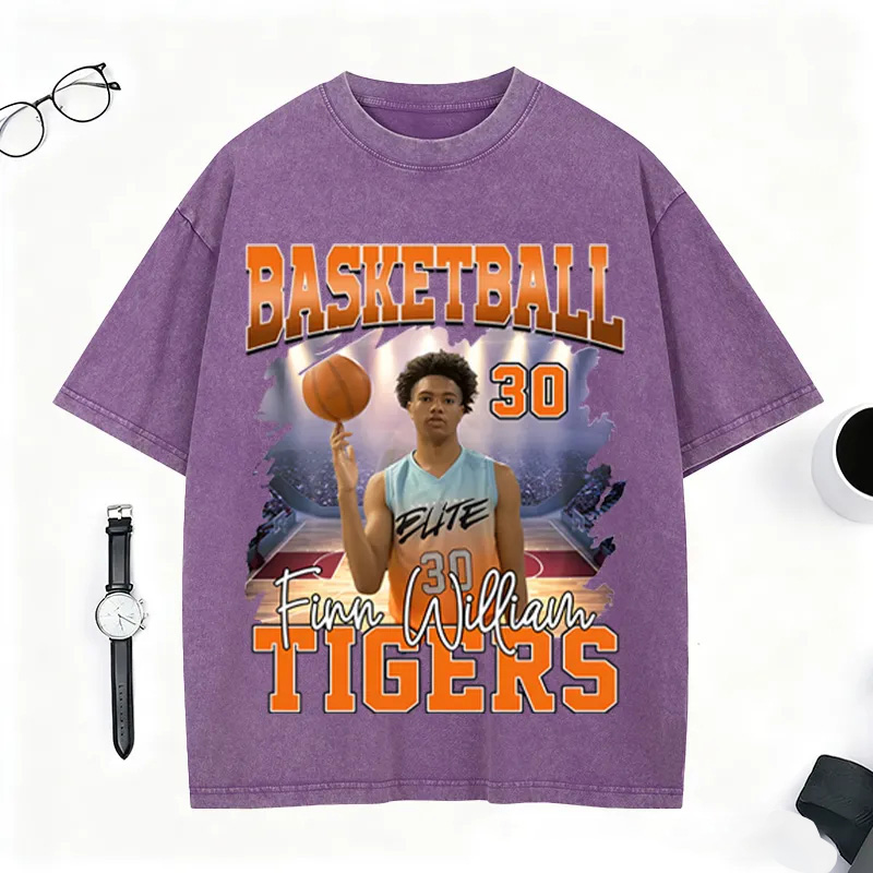 Personalized Basketball Washed T-Shirt Featuring Custom Photo and Team Design